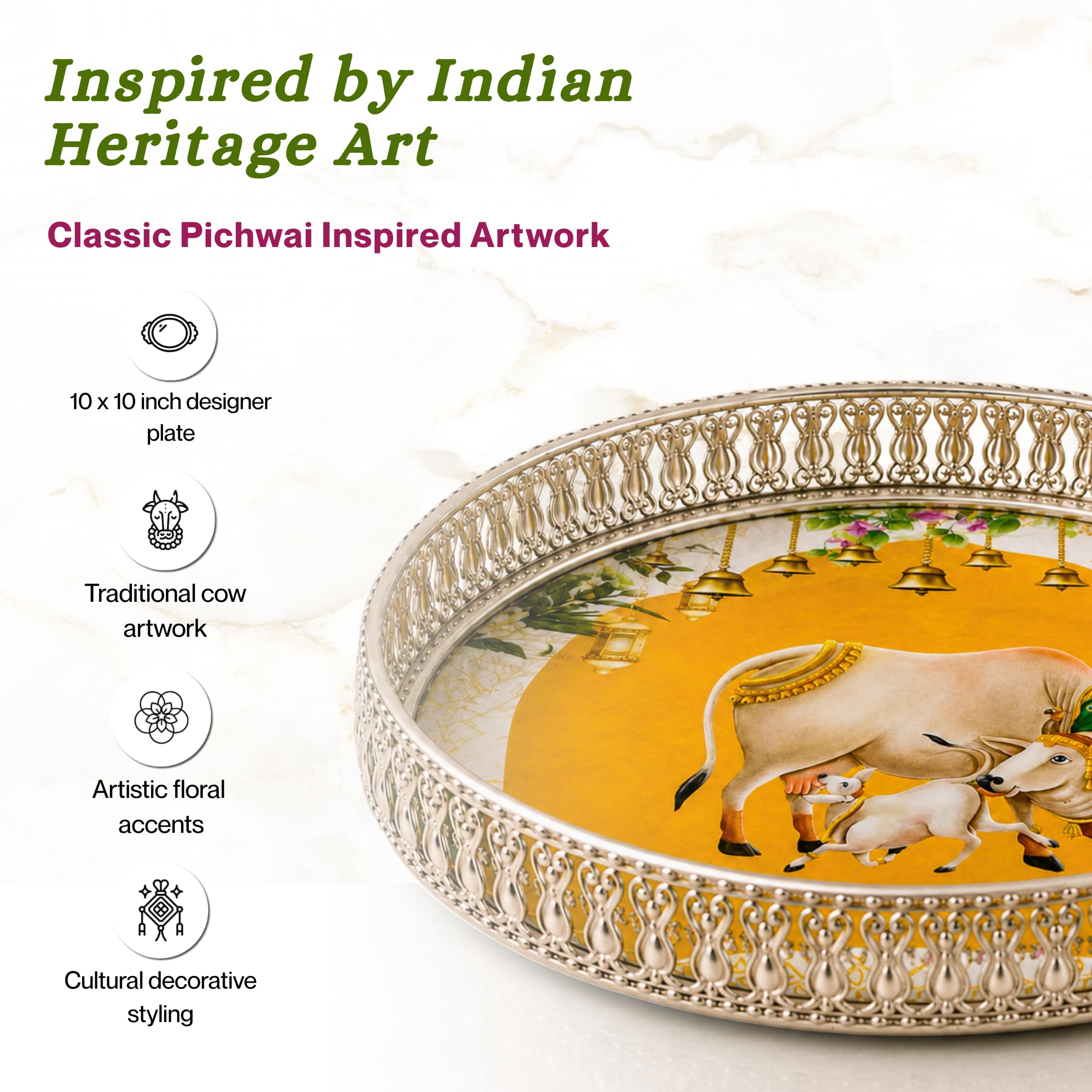 Handcrafted German Silver Pichwai Cow Design Tray 10 Inch | Round Pooja Thali | Decorative Serving Tray for Dry Fruits, Home Decor & Festive Gifting