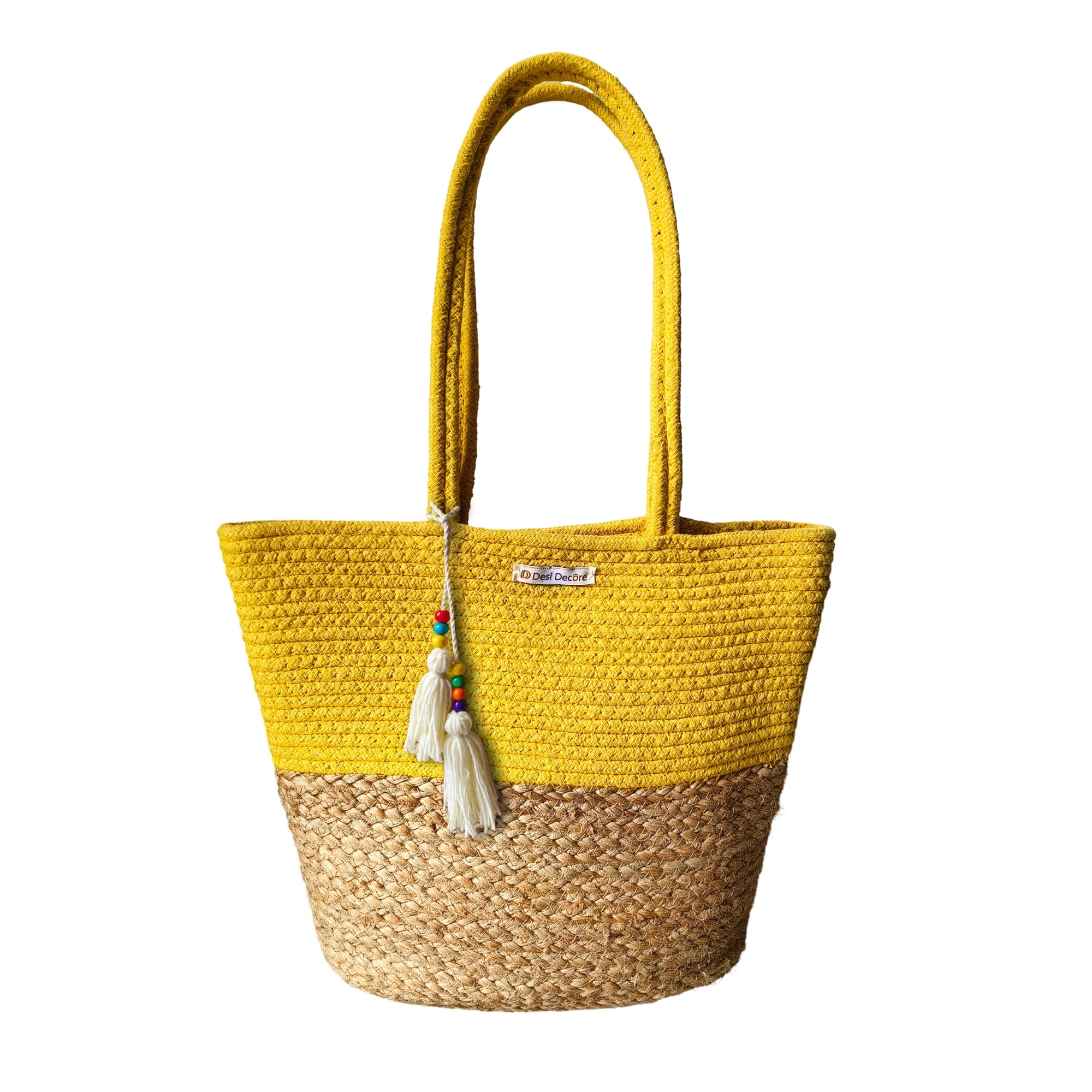 Desi Decore™ Handmade Jute Handbag For Women| Large Cotton Tote Bag | Shoulder and Bucket bag | Beach Bag for Women | Grocery Bag (Yellow)