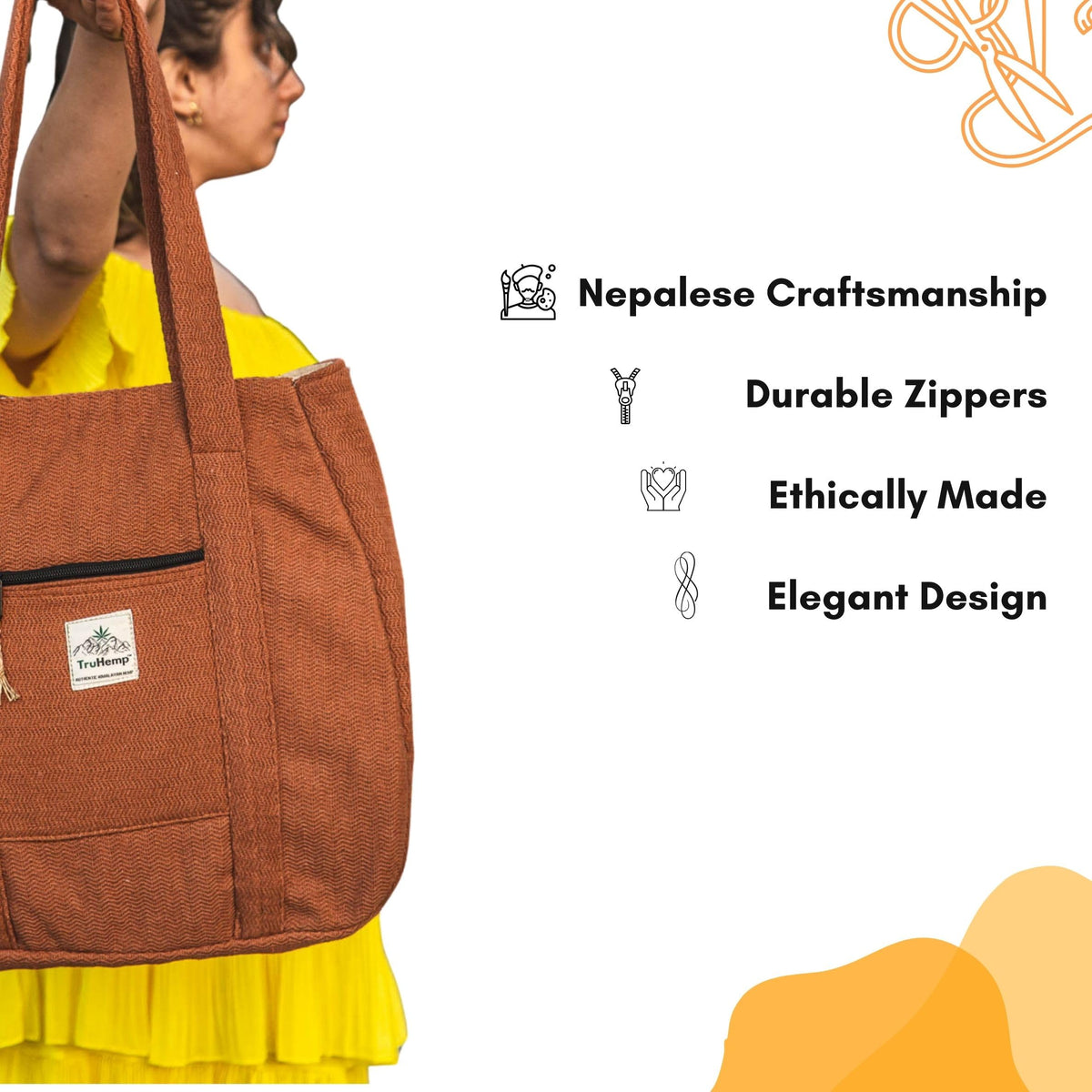 TruHemp Hemp Shopping Tote Bag with Dual Zippered Compartments | Spacious Eco Market Bag with Cotton Lining | 10L Capacity, Brown, 12 x 3.5 x 15