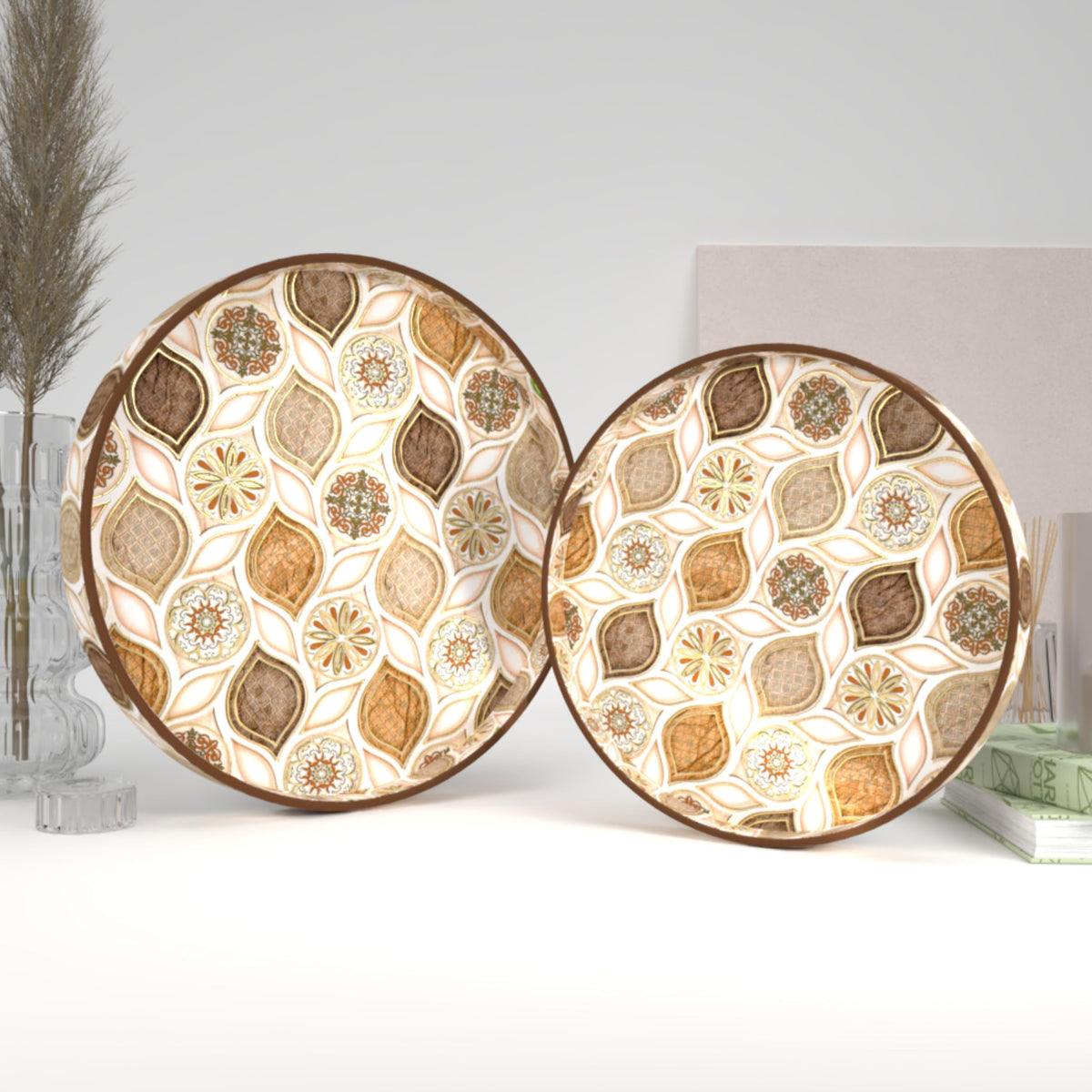 Castleite Ember Decorative Round Wooden Tray Set of 2 Handcrafted Trays for Serving, Use in Kitchen, Dining Table, Decor or Storage - Epoxy Resin Coated - Large, Small (Hanayaka)