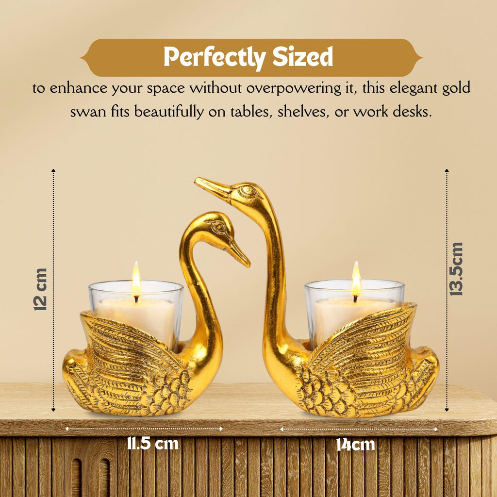 AROFER Aluminium Pair of Swan Showpieces | Tealight Glass Bowls | Gold Finish Decorative Candle Holder Stand | Home Decor Accent | Candle Light Dinner Decoration Set | Swan Pair Centerpiece