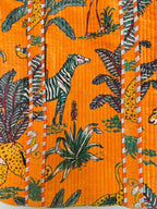 Vaishnav Exports Orange Quilted Cotton Tote Bag for Women | Handcrafted Jungle Safari Print Shoulder Bag | Eco-Friendly, Reusable Grocery, Travel & Beach Carryall with Spacious Design