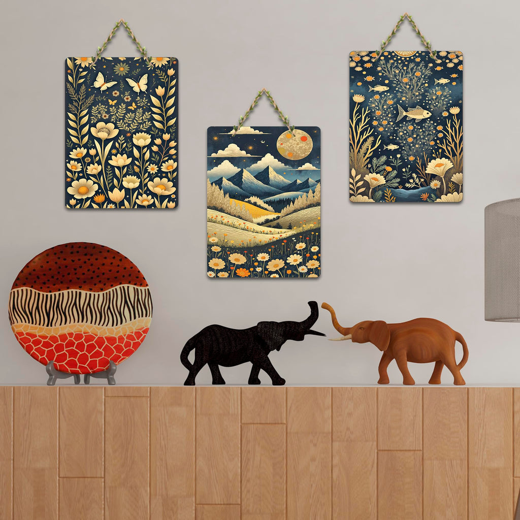 Artvibes Bloom Of Flowers & Countryside Modern Art Wooden Art Decoration Item for Living Room | Printed Wall Decoration | Sceneries | Aesthetic Wooden Decor | Unique Gift Items (WH_9659N), Set of 3