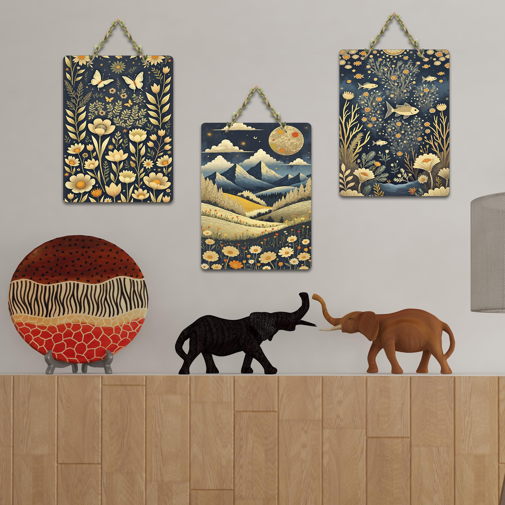 Artvibes Bloom Of Flowers & Countryside Modern Art Wooden Art Decoration Item for Living Room | Printed Wall Decoration | Sceneries | Aesthetic Wooden Decor | Unique Gift Items (WH_9659N), Set of 3