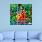 VIBECRAFTS 3 Pieces Radha Krishna In Forest Canvas Wall Painting Fitted With Wooden Frame For Home | Office | Living Room | Gifts (PTVC3Pcs1_9539)