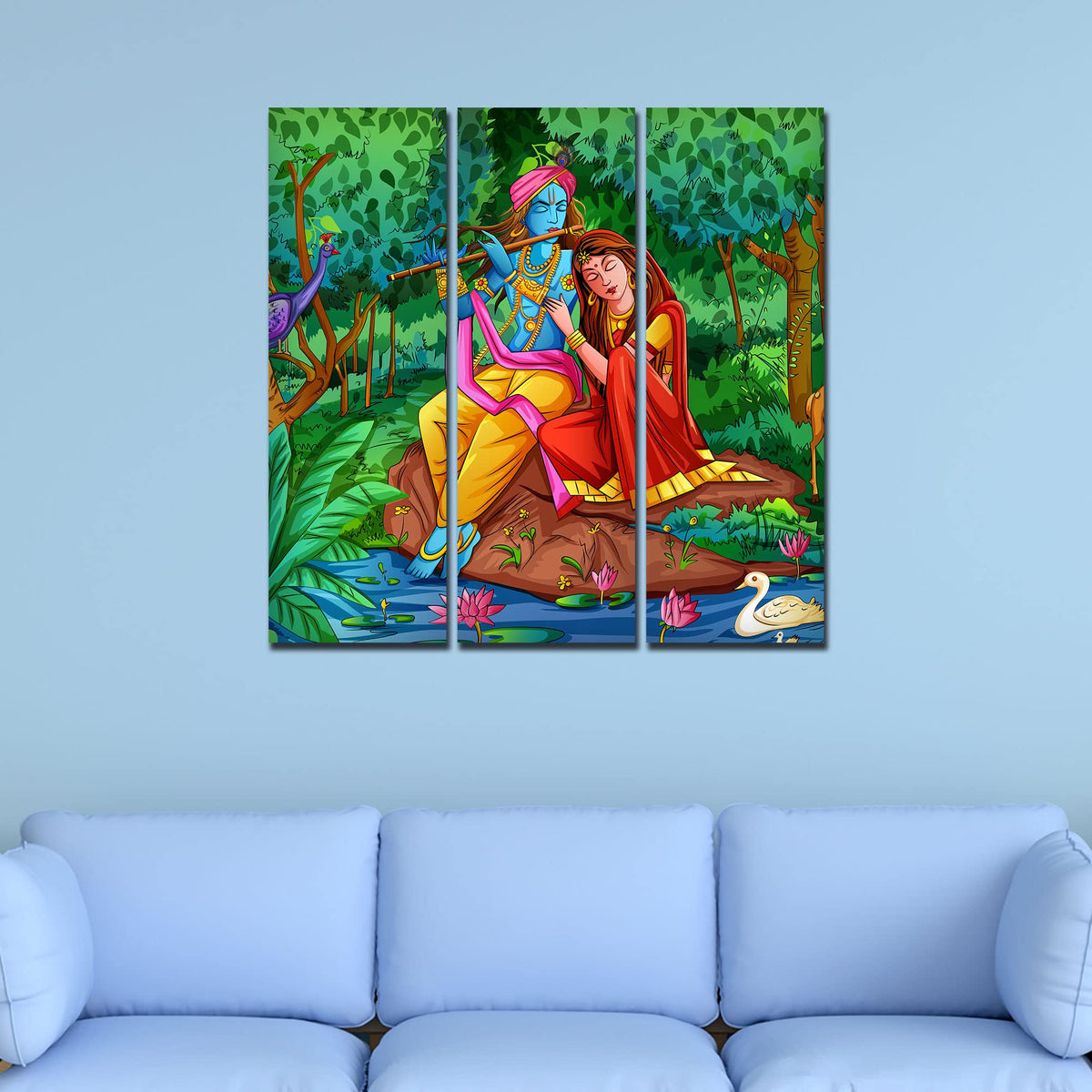 VIBECRAFTS 3 Pieces Radha Krishna In Forest Canvas Wall Painting Fitted With Wooden Frame For Home | Office | Living Room | Gifts (PTVC3Pcs1_9539)