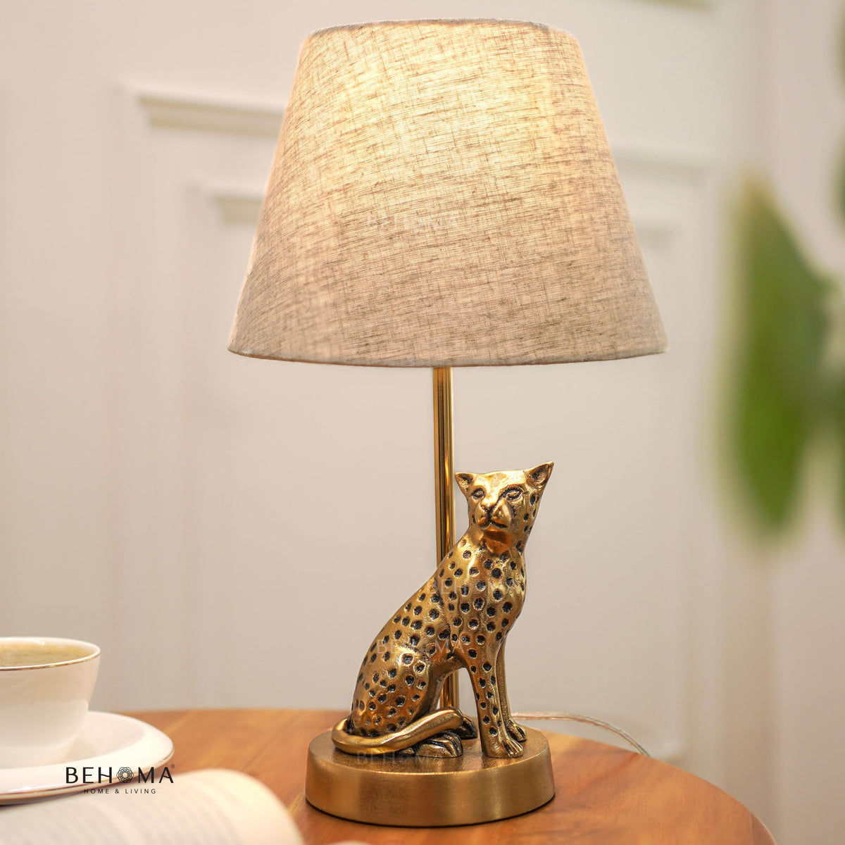 BEHOMA Jaguar Table Lamp with Antique Metal Base & Fabric Shade