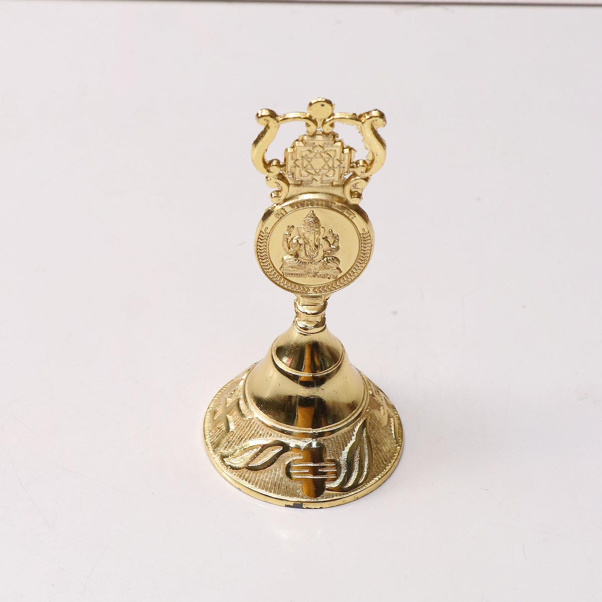 Kriday Kraft Antique Pooja Bells Metal Gold Kuber Ghanti, Hand Bell with Kuber Laxmi and Ganesh Embose for Pooja Mandir Handcrafted Puja Ghanti Home and Office Mandir Décor