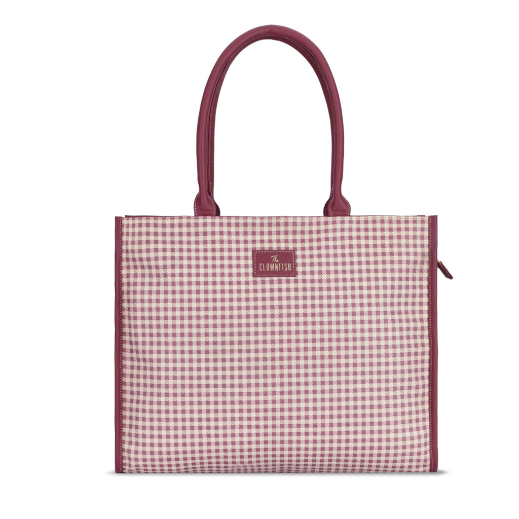 THE CLOWNFISH Moda Collection Multipurpose Faux Leather Handbag For Women 15.6 inch Laptop Bag Box Bag Tote Office Shoulder Bag for Ladies College Girls (Dark Pink Checks)