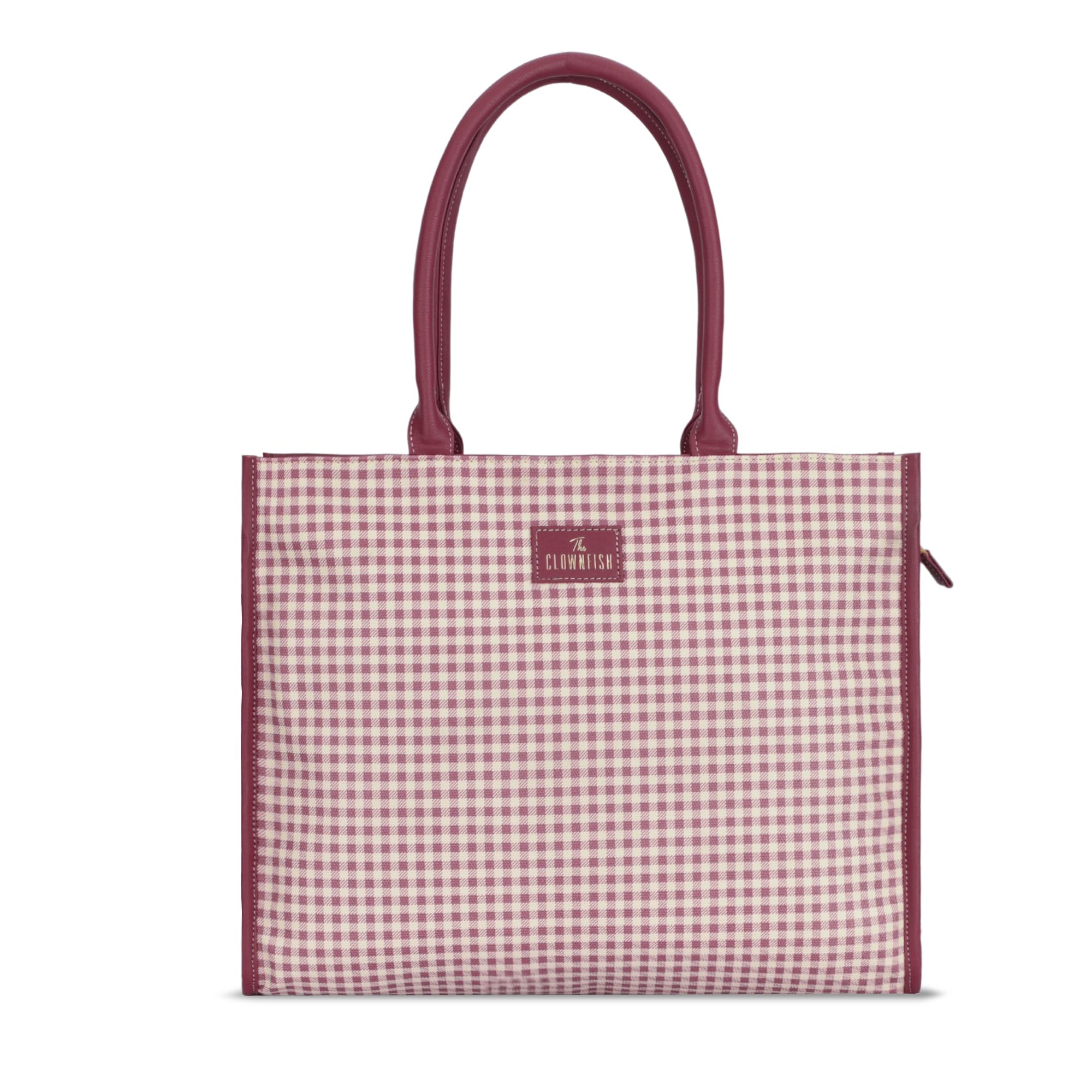 THE CLOWNFISH Moda Collection Multipurpose Faux Leather Handbag For Women 15.6 inch Laptop Bag Box Bag Tote Office Shoulder Bag for Ladies College Girls (Dark Pink Checks)
