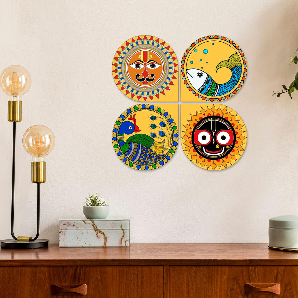 Artvibes Pattachitra Wooden Wall Hanger for Home Decor | Modern Decoration Items | Living Room | Bedroom | Office | Wall Art Print | Handcrafted Art | Unique Gift Items (WH_8441N), Set of 4
