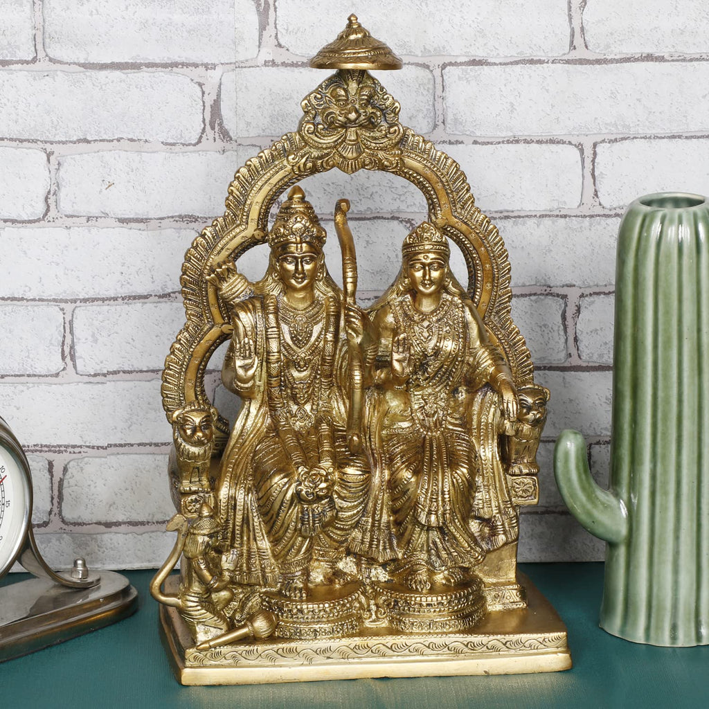 ARTVARKO Brass Siyaram Sita Ram Sitting on Lion Chatra Singhasan with Hanuman ji Idol Murti for Mandir Puja Temple Height 11 Inch.