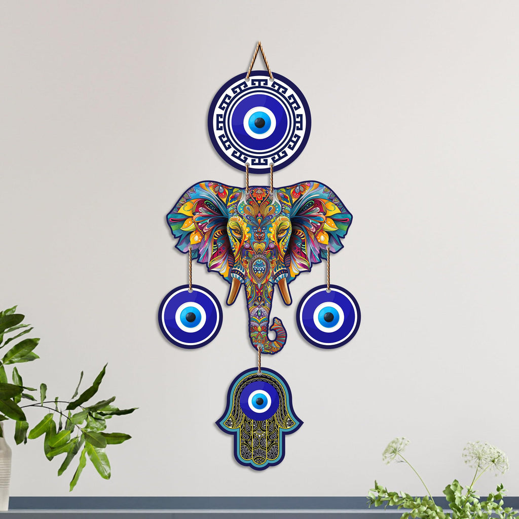 Artvibes Elephant Family Evil Eye Wall Hanging for Home Entrance | Nazar Battu MDF Wall Decor | Positive Energy Vastu Art for Living Room | Hallway | Office & Main Door | Gift Item (WH_8549N)