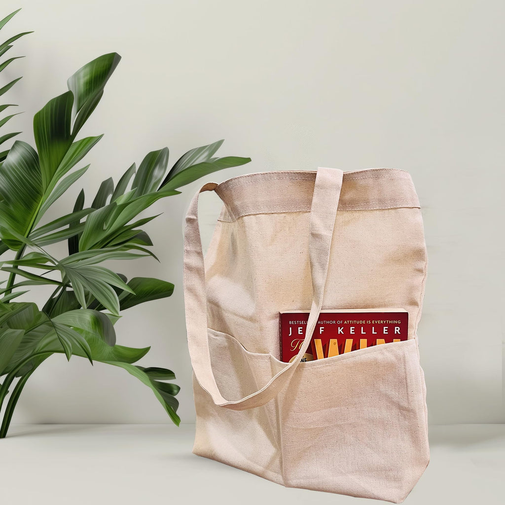 PRINT GALLI 100% Organic Cotton Canvas Tote Bag with Dual Front Pockets | Eco-Friendly, Off-White & Spacious Design | Ideal for Shopping, Travel, and Daily Use | Holds Up to 15 Kg