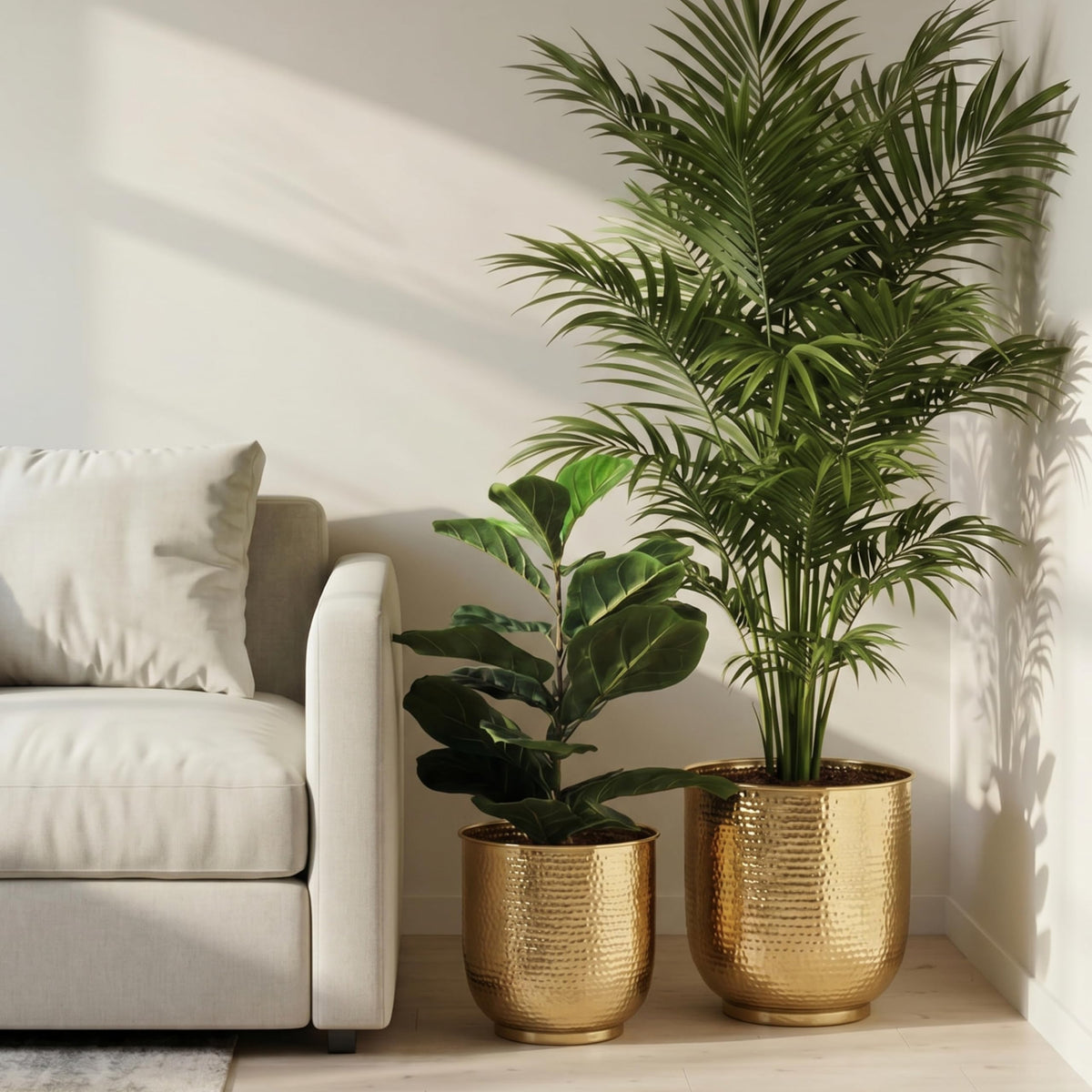 BEHOMA Hammered Gold Metal Floor Planters Set of 2 for Home Decor