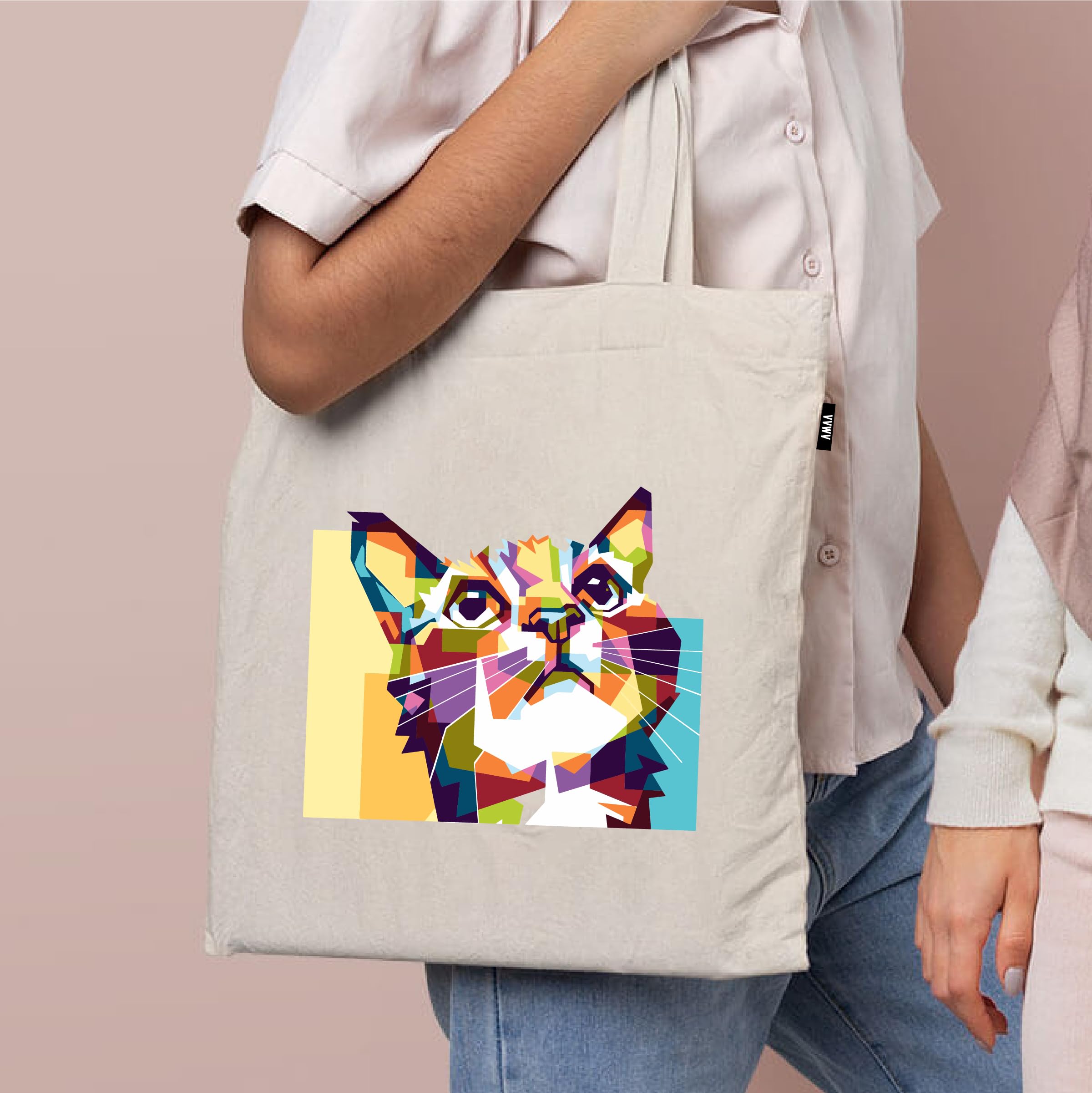 VVWV Cat Printed Tote Bag 100% Organic Cotton Shopping Grocery | Tote Bag | Women Office College Grocery,Vegetable Bags Market, Canvas Bag 15kgs Capacity (13 x 15.7 Inch)