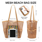 Ayieyill Mesh Beach Bag Tote Bag for Women, Foldable Swim Large Beach Tote Bag with Zipper Pockets Waterproof Sandproof, Khaki, Large, Mesh
