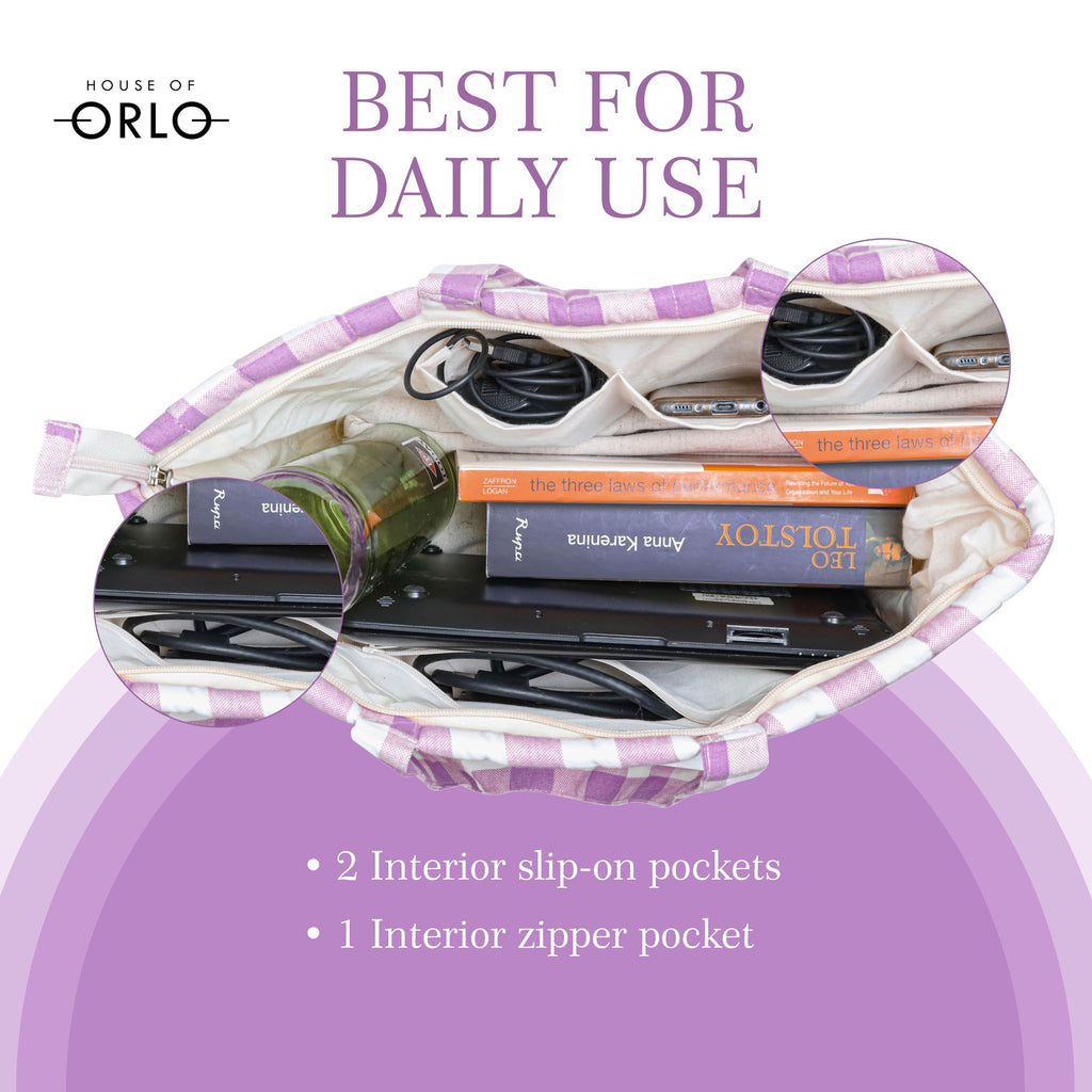 HOUSE OF ORLO: Pinteresty QUILTED 100% Cotton Checked Tote Bags with Zipper for Women - For College, Travel, Work and Daily Use -Small, Purple