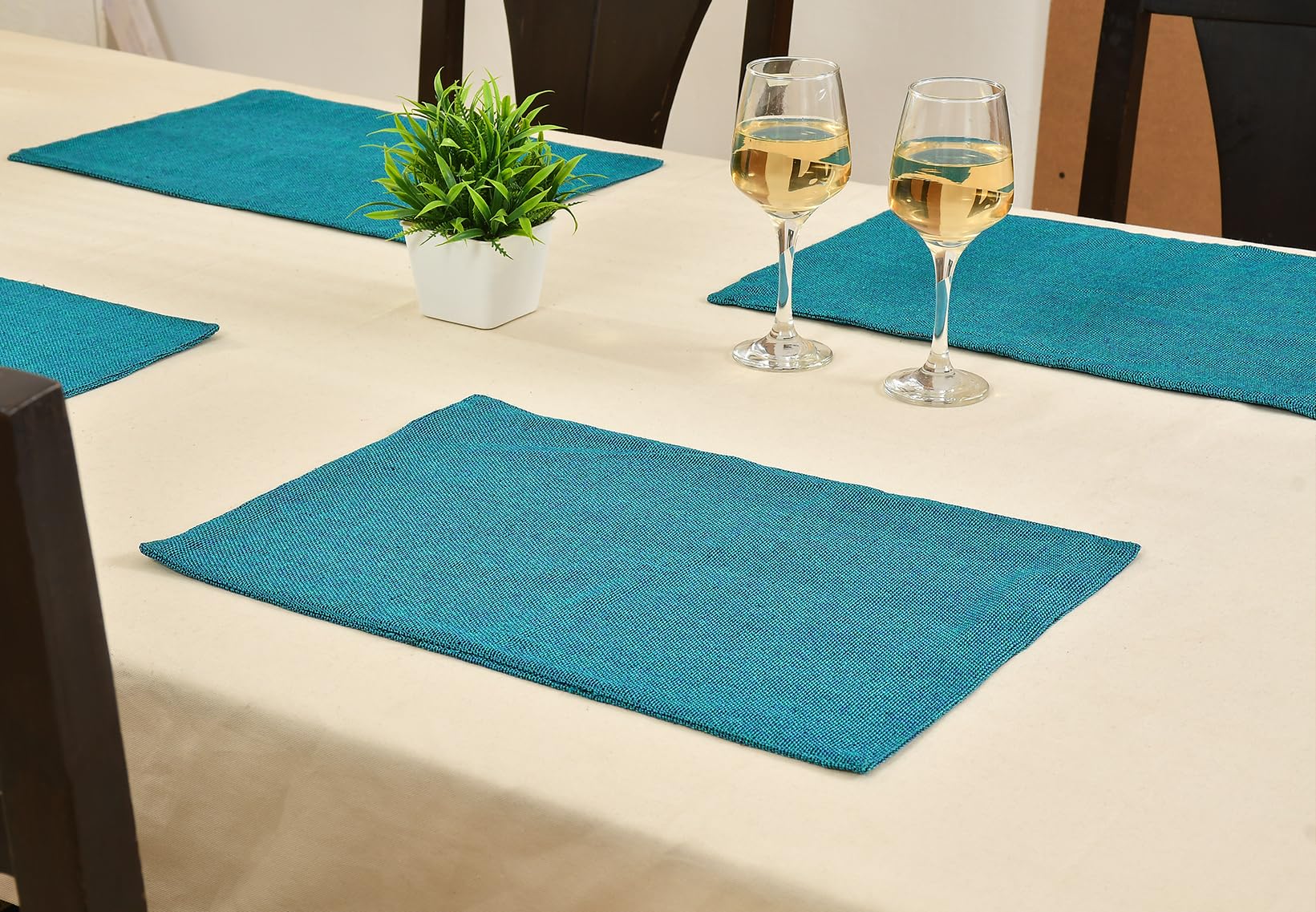 Yellow Weaves Jute Texture Table Mats/Placemat 6 Pieces (Color Blue, 32 X 47 CM) Kafalo