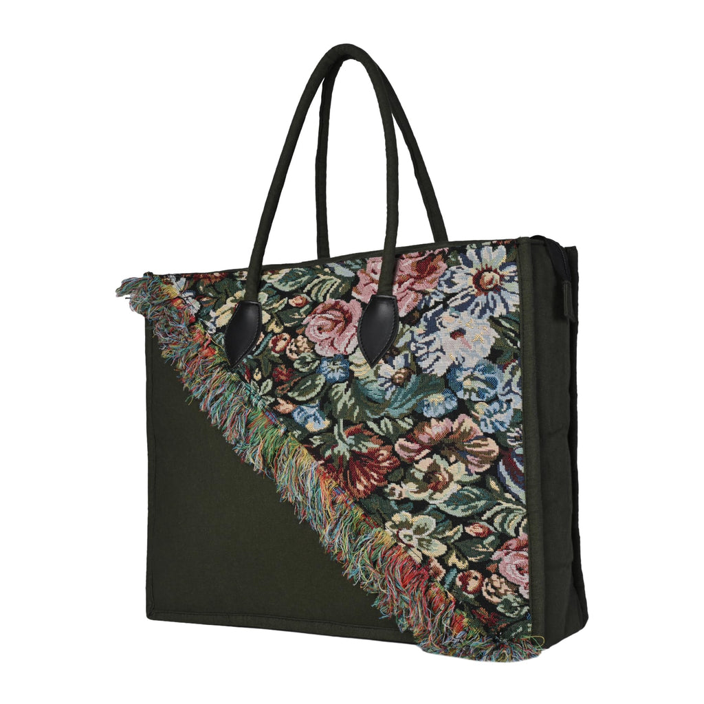 ENSAC Cotton Tote Bag for Women, Stylish Handbag for women with Zip Closure | Fit for Office Bag, College, Travel Use | Handcrafted in India(TOTE-SLANT-GREEN-BIG-1) (Green)