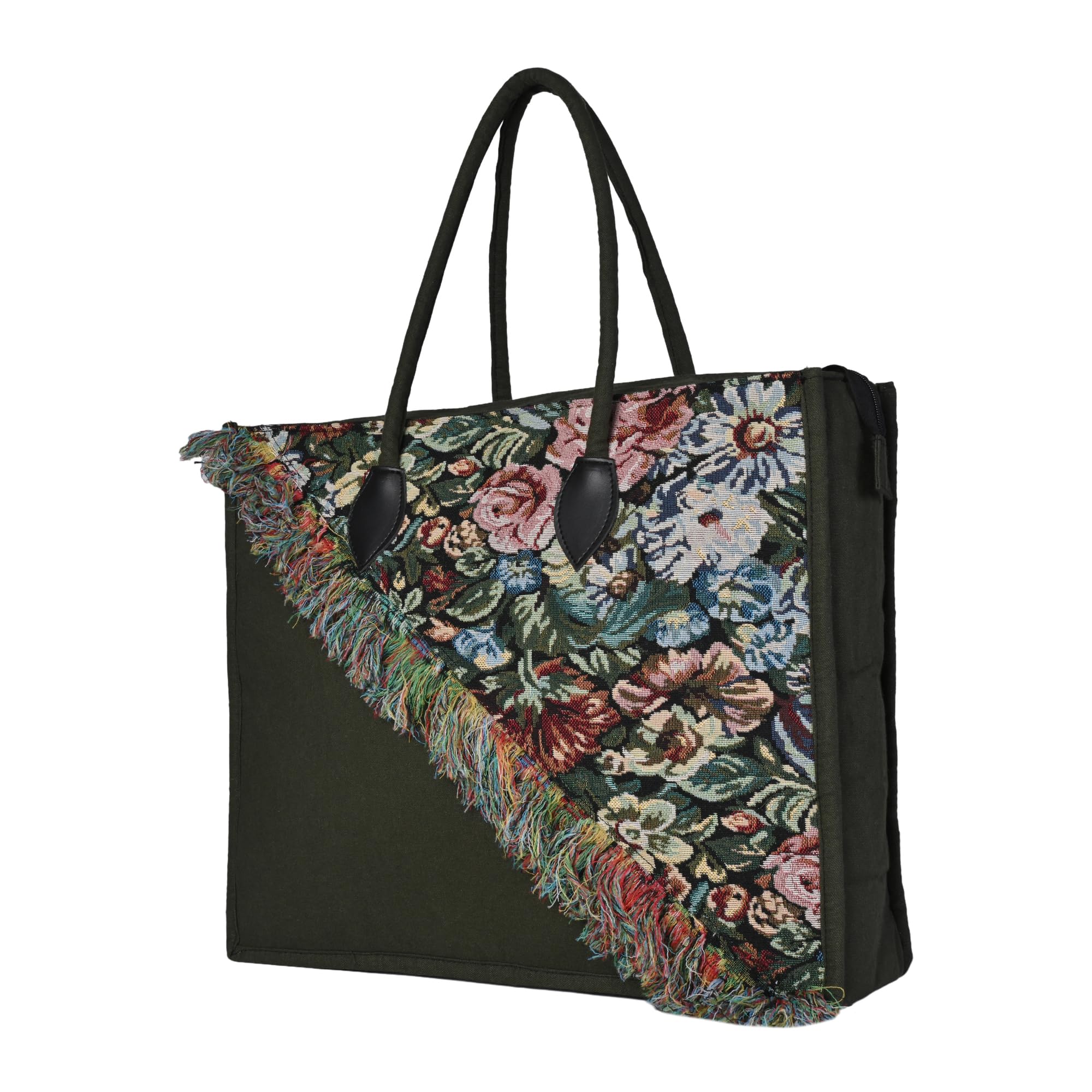 ENSAC Cotton Tote Bag for Women, Stylish Handbag for women with Zip Closure | Fit for Office Bag, College, Travel Use | Handcrafted in India(TOTE-SLANT-GREEN-BIG-1) (Green)