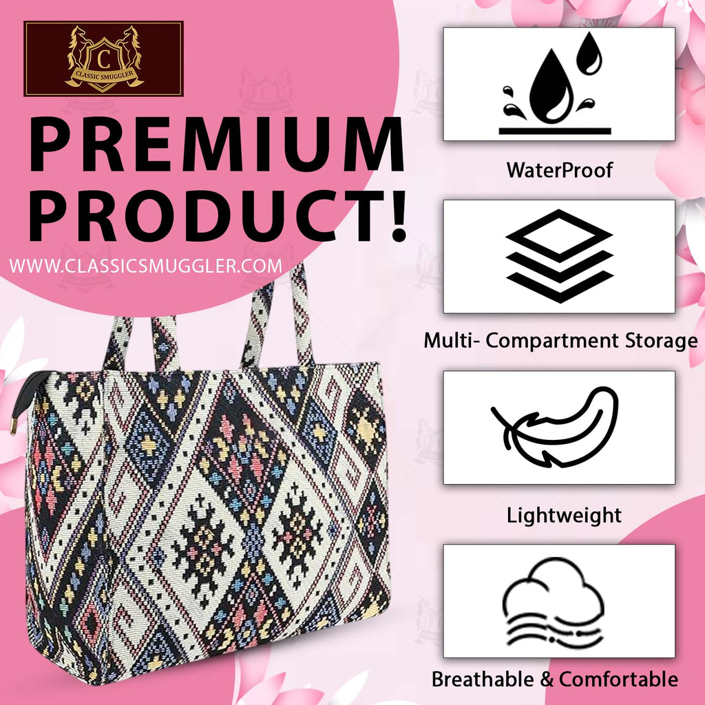 Global Impex Stylish Buoy Tote Bag for Girls & Women | Sturdy Cotton Blend Jacquard | Double Shoulder Ladies Handbag Purse For Daily & Office,Travel Use | Zip Pocket | Handcrafted Multicolor