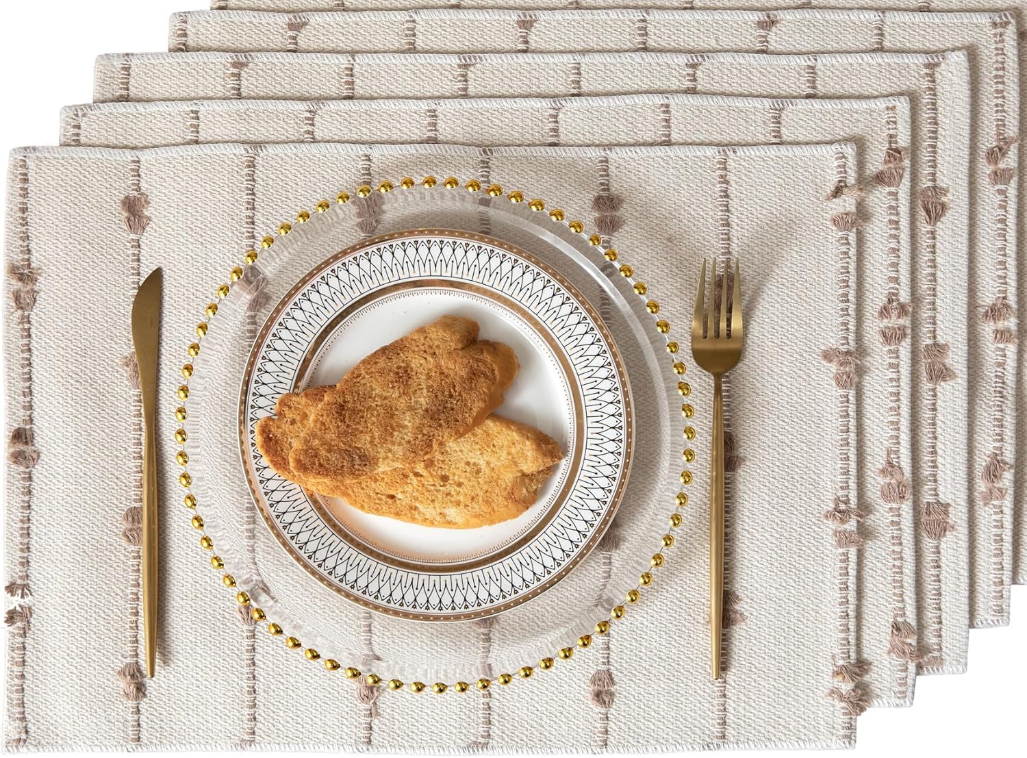ALSTONIA Handmade Designer Cotton Dining Table Placemats | Heat Resistant Dining Table Place Mats |Kitchen Tabletop|Kitchen Coffee Center Table & Eating Areas (Beige & White, 4 Pcs Placemats) Kafalo