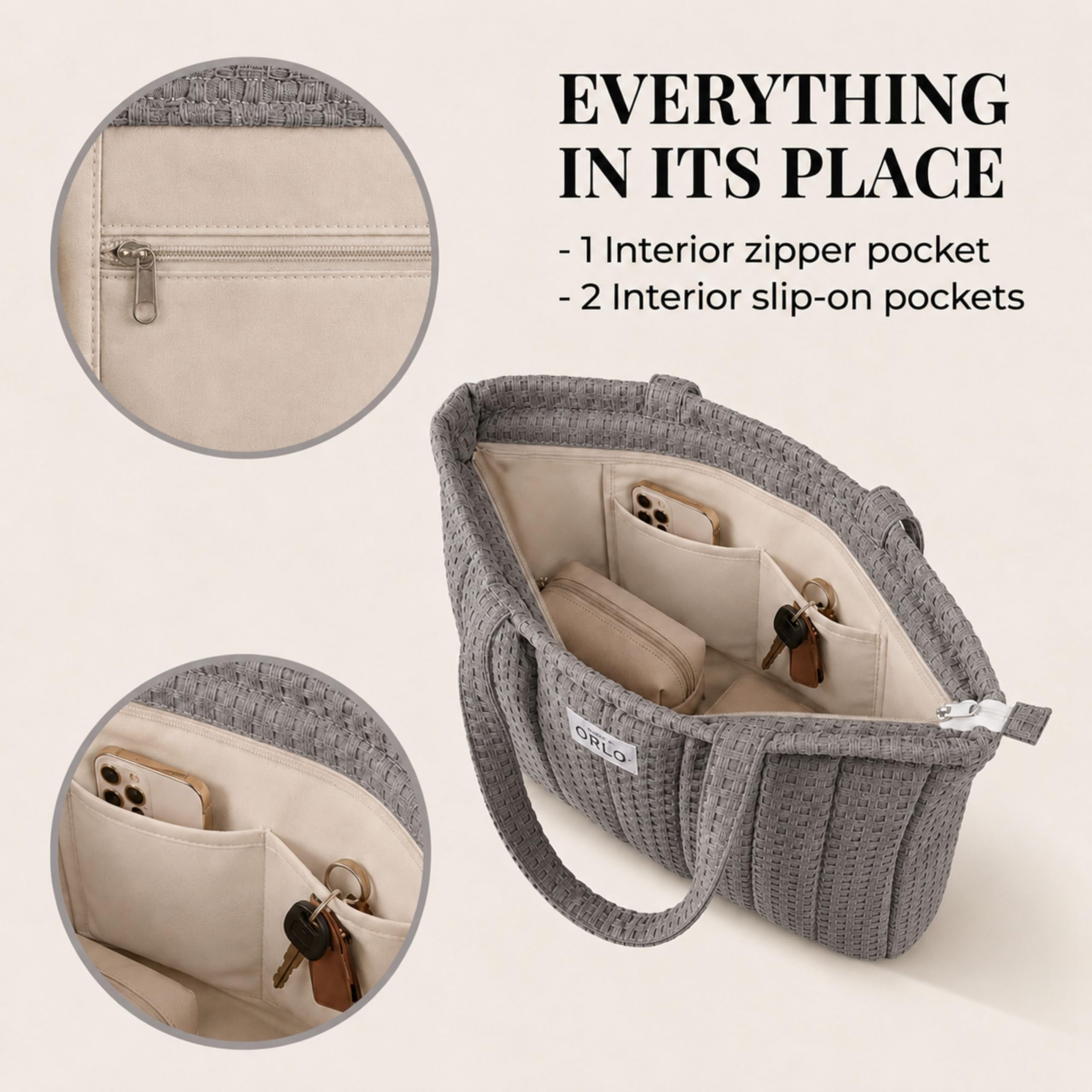 HOUSE OF ORLO Women's Cotton Quilted Aesthetic Tote Bags, Waffle Weave Handmade with Zipper and Double Handles for Women and Girls, Daily Use Handbags for College, Travel, Work (Grey)