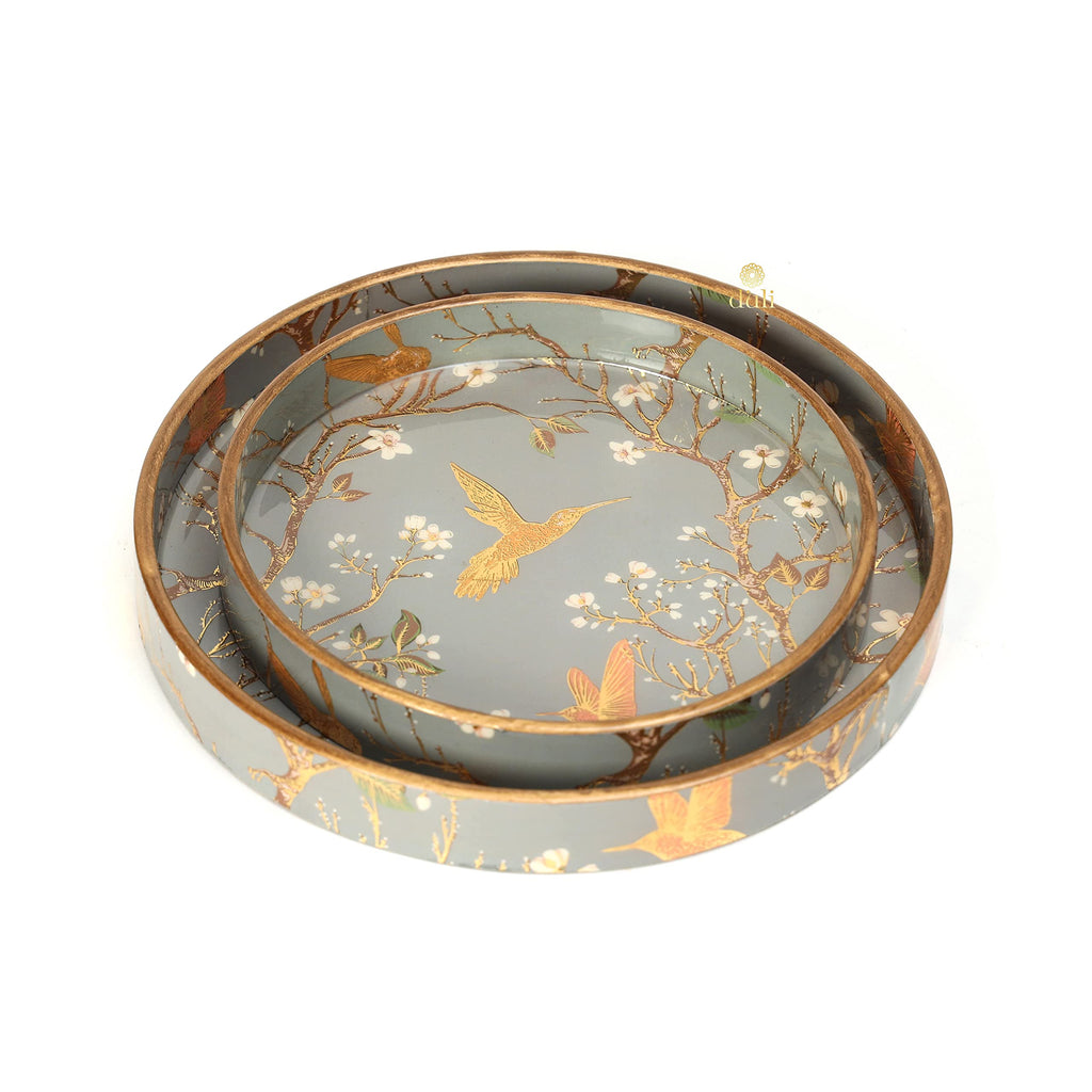 DULI Set of 2 MDF Wood Trays Enamel Coated| Round Trays Set of 2 | Serving Trays | Wooden Tray | Kitchen&Dining Decorative | Resin Tray | Handmade | 7x7 & 9x9 inches (Setof2Round: SilverGoldBirds)