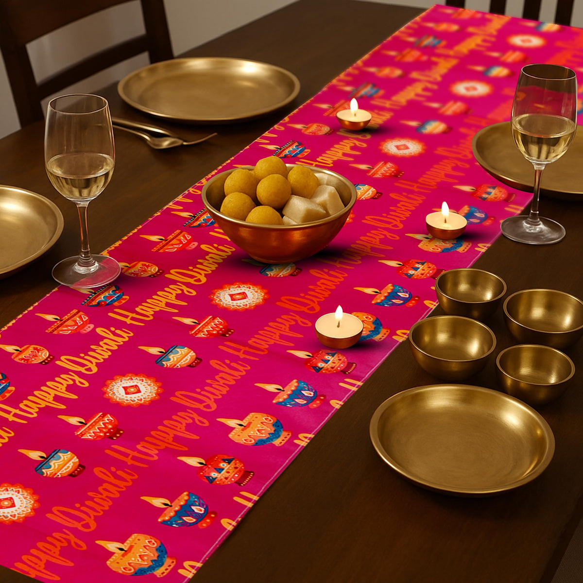 PRAKARTIK BY INDUARTS Dining Table Runner -Happy Diwali Theme,Digital Print, Washable, Indoor/Outdoor, Heat-Proof, Wipe & Clean (135X33 cm) Dark Pink Kafalo