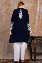 PASHMINA PARADISE Kashmiri Woolen Phiran | Traditional Kashmiri Motifs | Paisleys, Floral Vines & Ornamental Borders | Phiran for Women-Free Size (Midnight Blue with Ivory Embroidery)