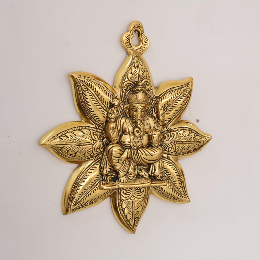 KridayKraft Metal Ganesha Wall Hanging, Golden Finish, Star Shaped Decorative, 30 cm Height, 26 cm Width, 550 GM