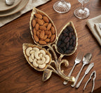Kridaykraft Metal Gold Polish Leaf-Shaped 3-Section Dry Fruit Tray, 17x17 cm, 250 gm, Decorative Serving Platter