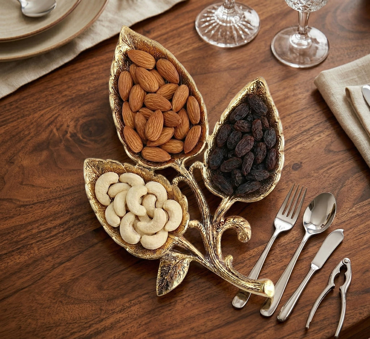 Kridaykraft Metal Gold Polish Leaf-Shaped 3-Section Dry Fruit Tray, 17x17 cm, 250 gm, Decorative Serving Platter