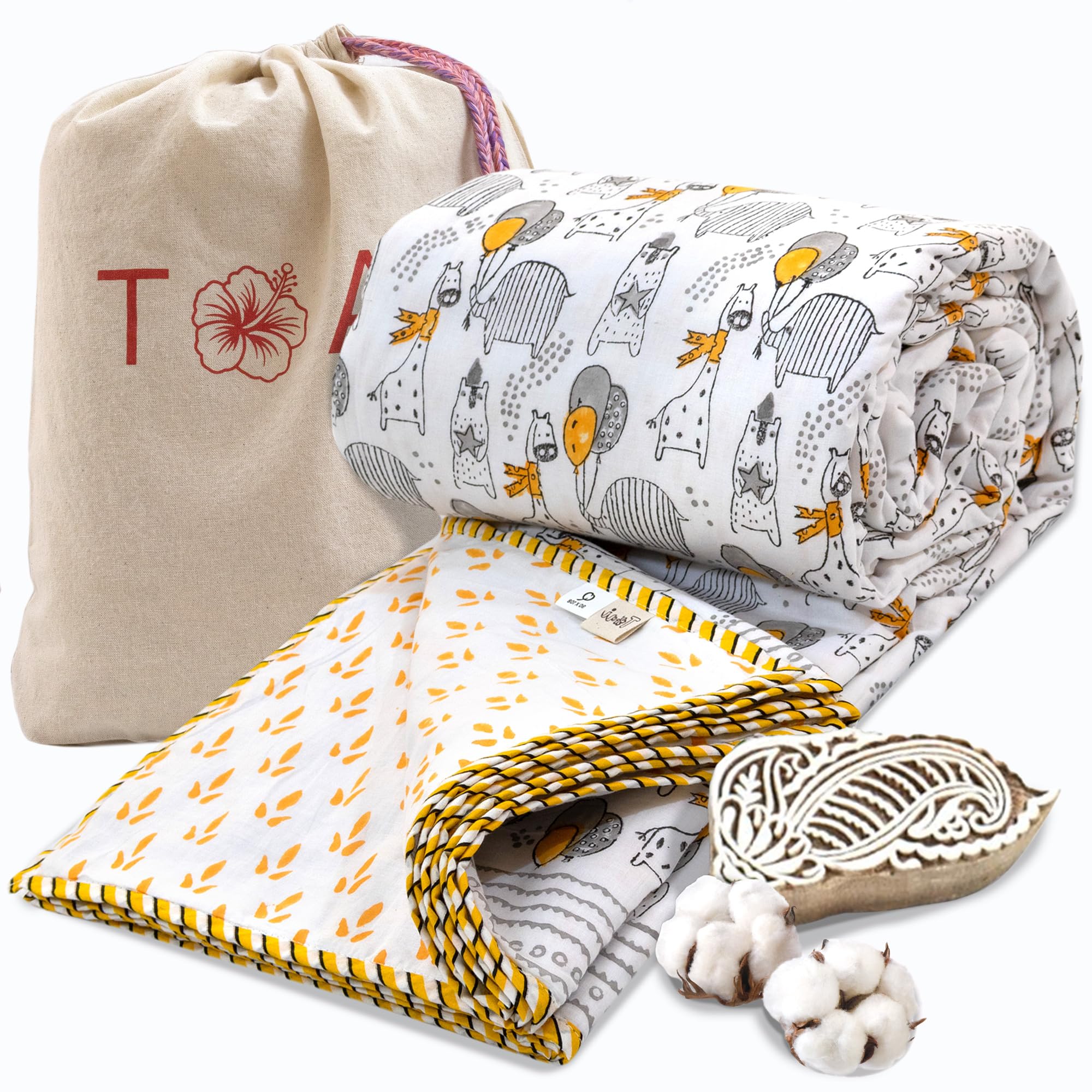 TOAIArt Premium Jaipuri Dohar | AC Blanket Summer Quilt | Hand Block Printed | 3 Layers | Reversible | 150GSM 100% Mulmul Cotton | 100% Cotton Flannel Filling | Queen 90 X 108 |Grey Yellow Cartoon Kafalo