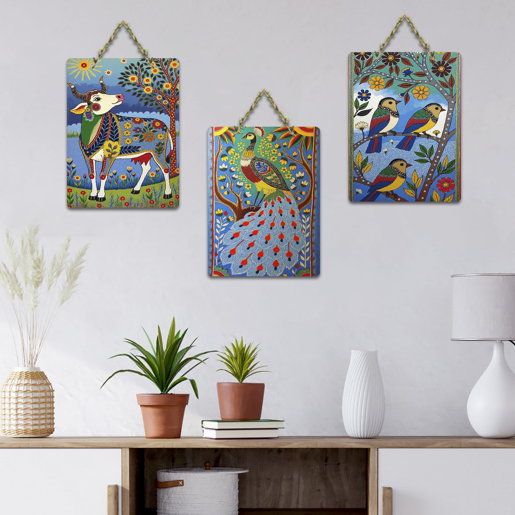 Artvibes Colorful Cow Birds And Peacock Decorative Wall Hanging Ornaments | Garden Balcony | Decoration Wall Hanging Items | Trendy Decor | Aesthetic Wooden Decor | Unique Gift (WH_9681N), Set of 3