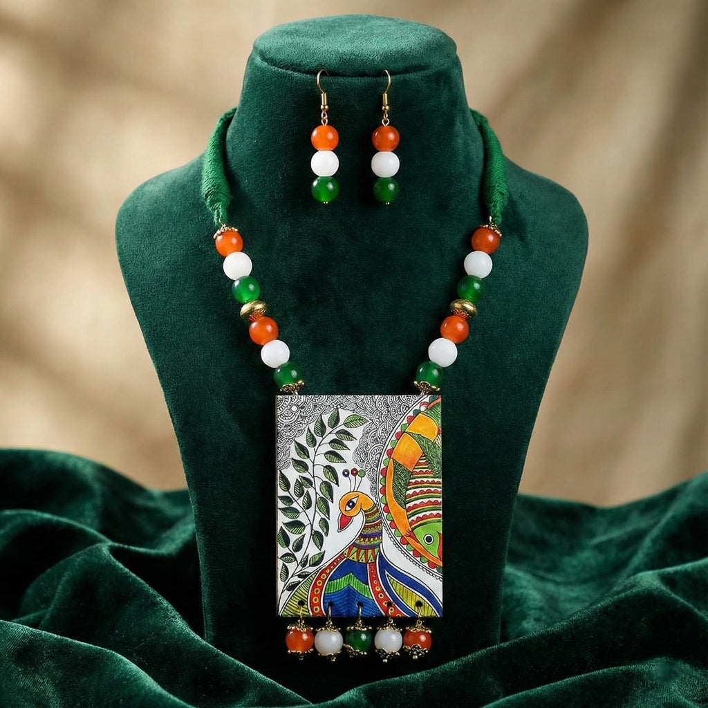 JFL - Jewellery for Less Stylish Tiranga/Tricolour/National Flag Necklace set with Peacock Pendant Handmade Fashion Jewellery for Independence Day/Republic Day Women & Girls