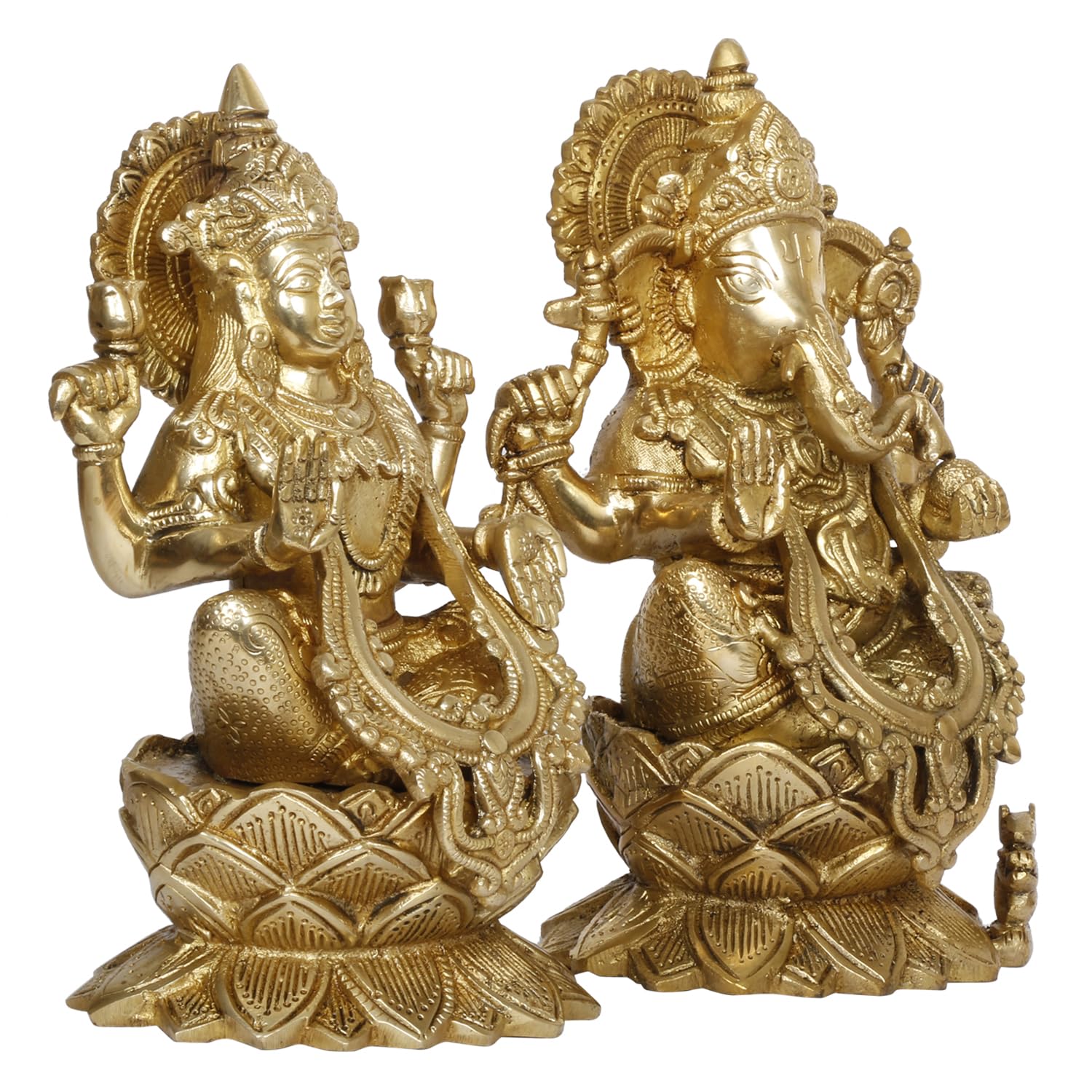 ARTVARKO Ganesha Laxmi Brass Mangalkari Jewellery Ganesh Lakshmi Bhagwan Idol Sitting on Lotus Ganpati Murti Statue 9 Inches