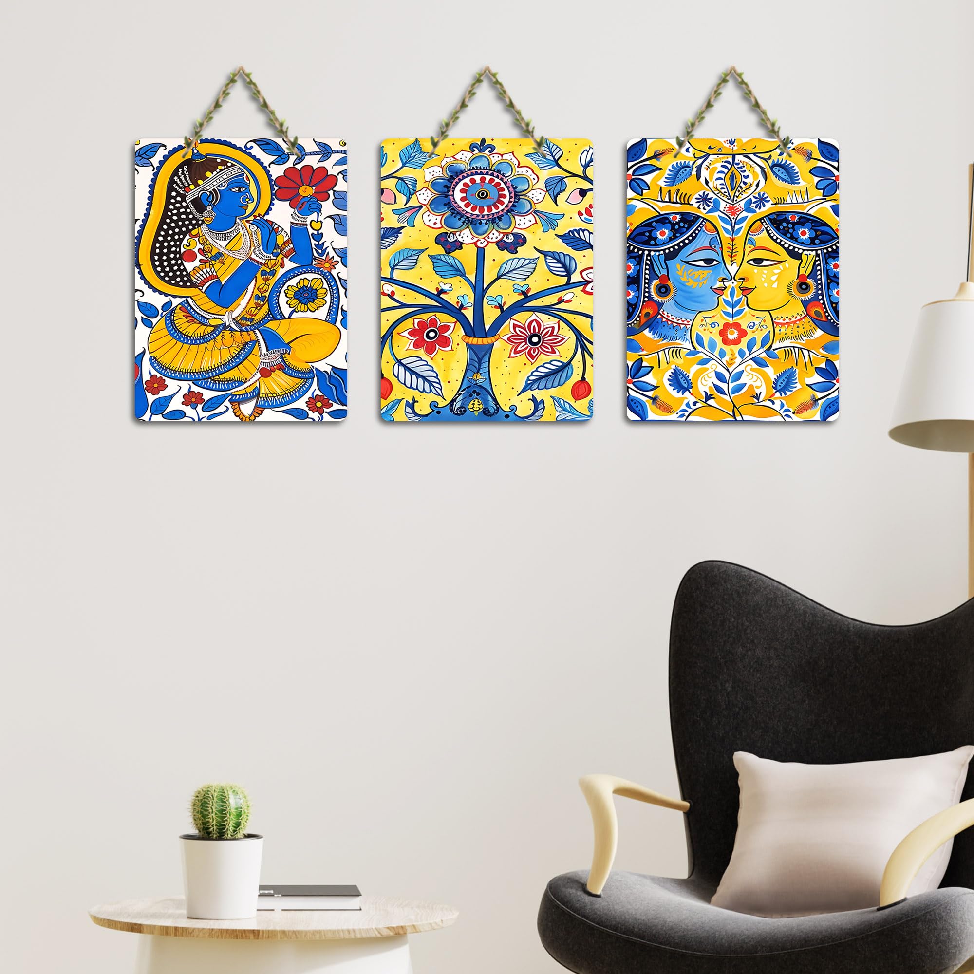 Artvibes Traditional Indian Aesthetic Folk Art Wooden Wall Hanger for Home Decor | Art For Wall | Wall Sculpture | Signs & Plaques | Festive Decor | Wall Poster | Unique Gift (WH_96183N), Set of 3