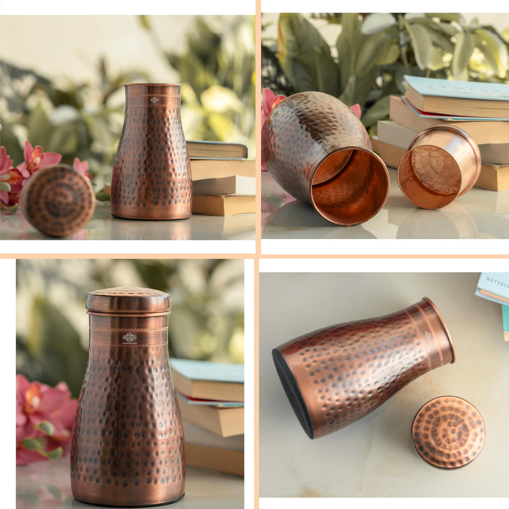 INDIAN ART VILLA Pure Copper Bedroom Water Bottle with Inbuilt Glass, Hammered Antique Design - Drinkware & Storage Purpose, Volume 950 ml (Pack of 1)