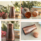 INDIAN ART VILLA Pure Copper Bedroom Water Bottle with Inbuilt Glass, Hammered Antique Design - Drinkware & Storage Purpose, Volume 950 ml (Pack of 1)