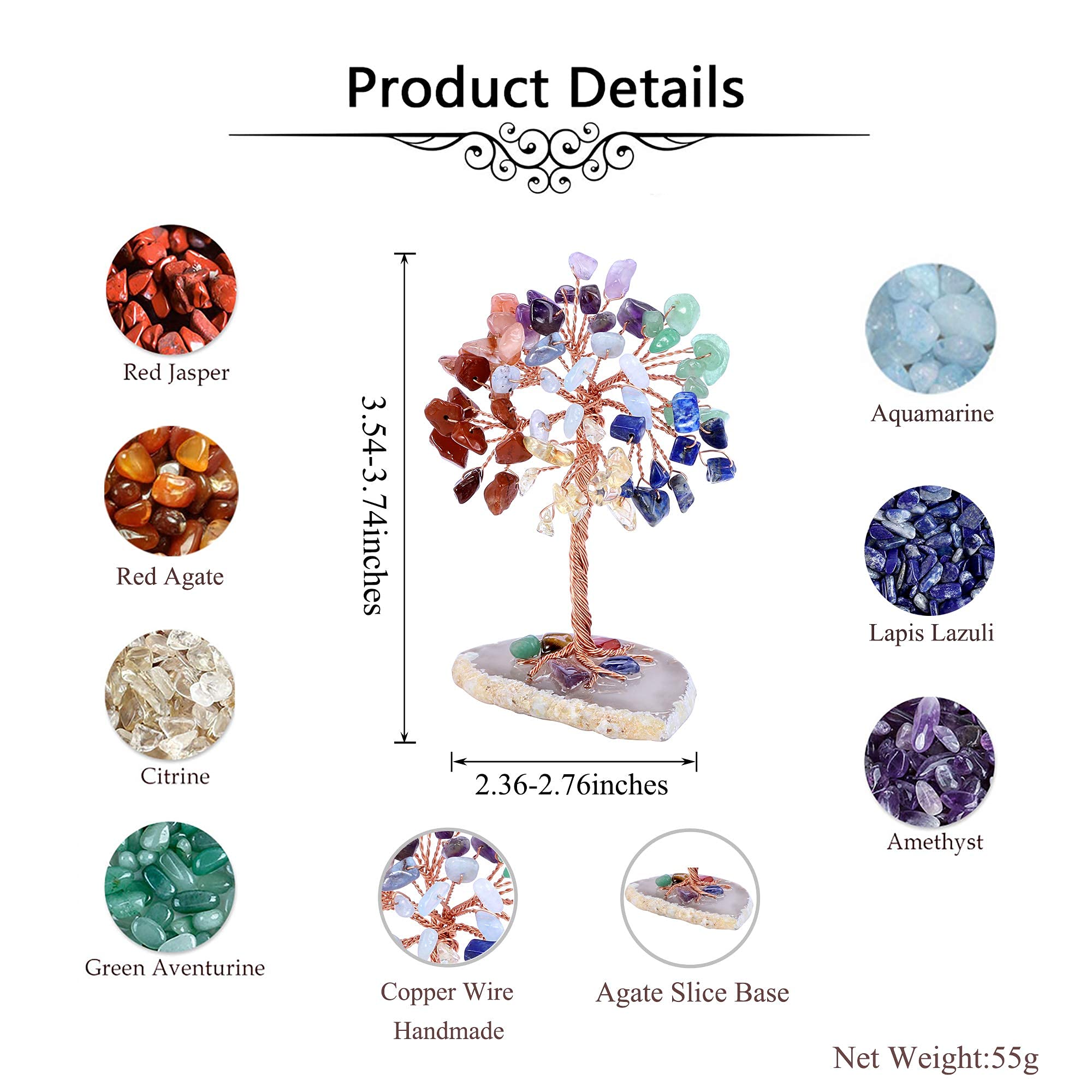 Jovivi Natural 7 Chakra Healing Crystals Tree on Agate Slice Base Healing Stones Gem Money Tree for Feng Shui Home Office Table Decorations