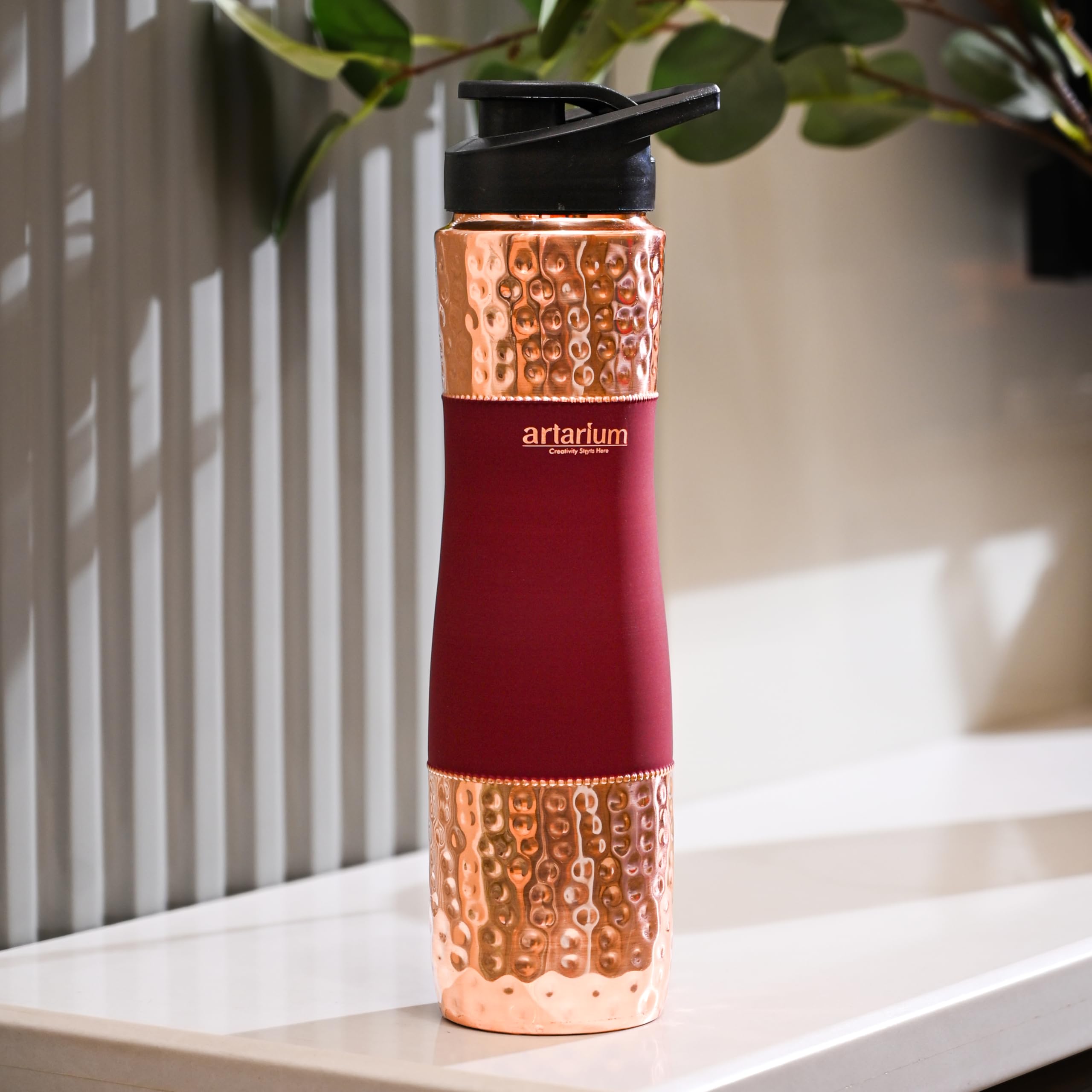 Artarium Red Sipper Pure Copper Bottle 1 Litre Advanced Leak Proof Protection Durable & Rust Proof Copper Bottle With Added Health Benefits Anti Oxidant Properties (Sipper Water Bottle Red 29Cm)