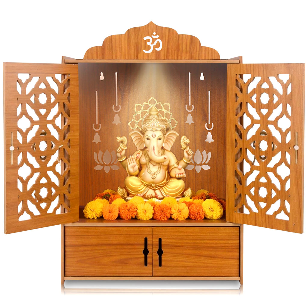 Pack of 1 Wooden MDF Temple Mandir for Home & Shops, Size 51x37x27 Cm1 Piece LED Light & Complete Wall Mount Kit with Door & Cabinet with Storage Space, Assembly Required, Pooja Mandir