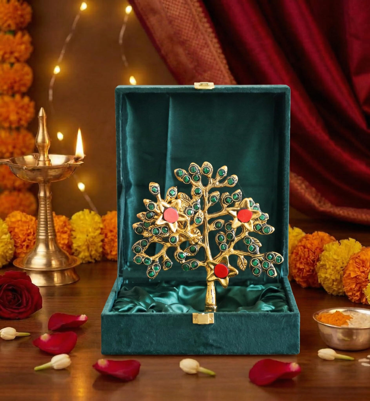 Metal Kalpavriksha Tree for Home Decor - Golden Wish Fulfilling Tree Metal Showpiece for Temple, Vastu, Office Table & Gifting Banyan (No 1 Golden Stone with Box)