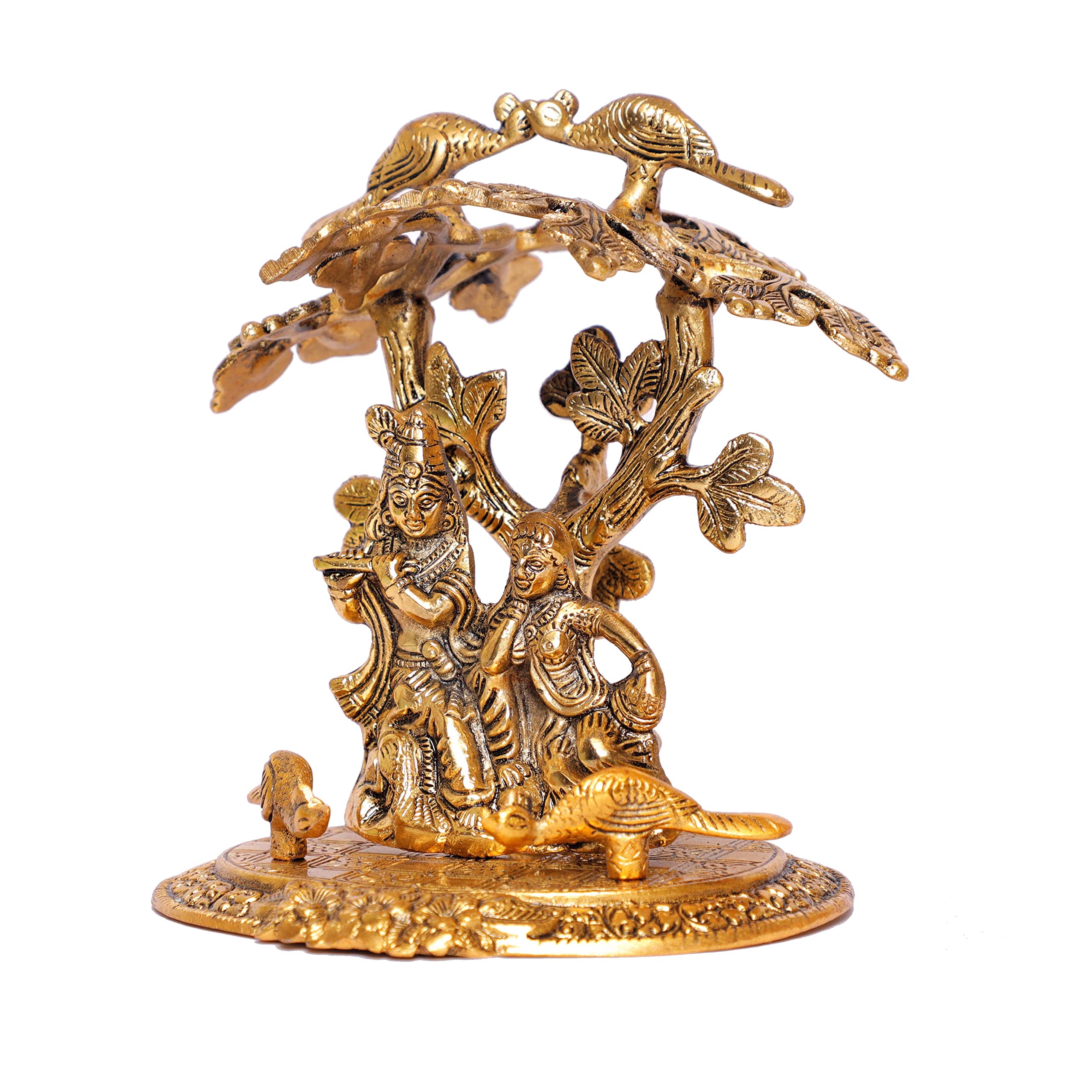 KridayKraft Radha Krishna Playing Flute Under Tree Idol Gold Antique Finish for Home,Office &Table Decorative Gift for Have House Warming, Birthday...