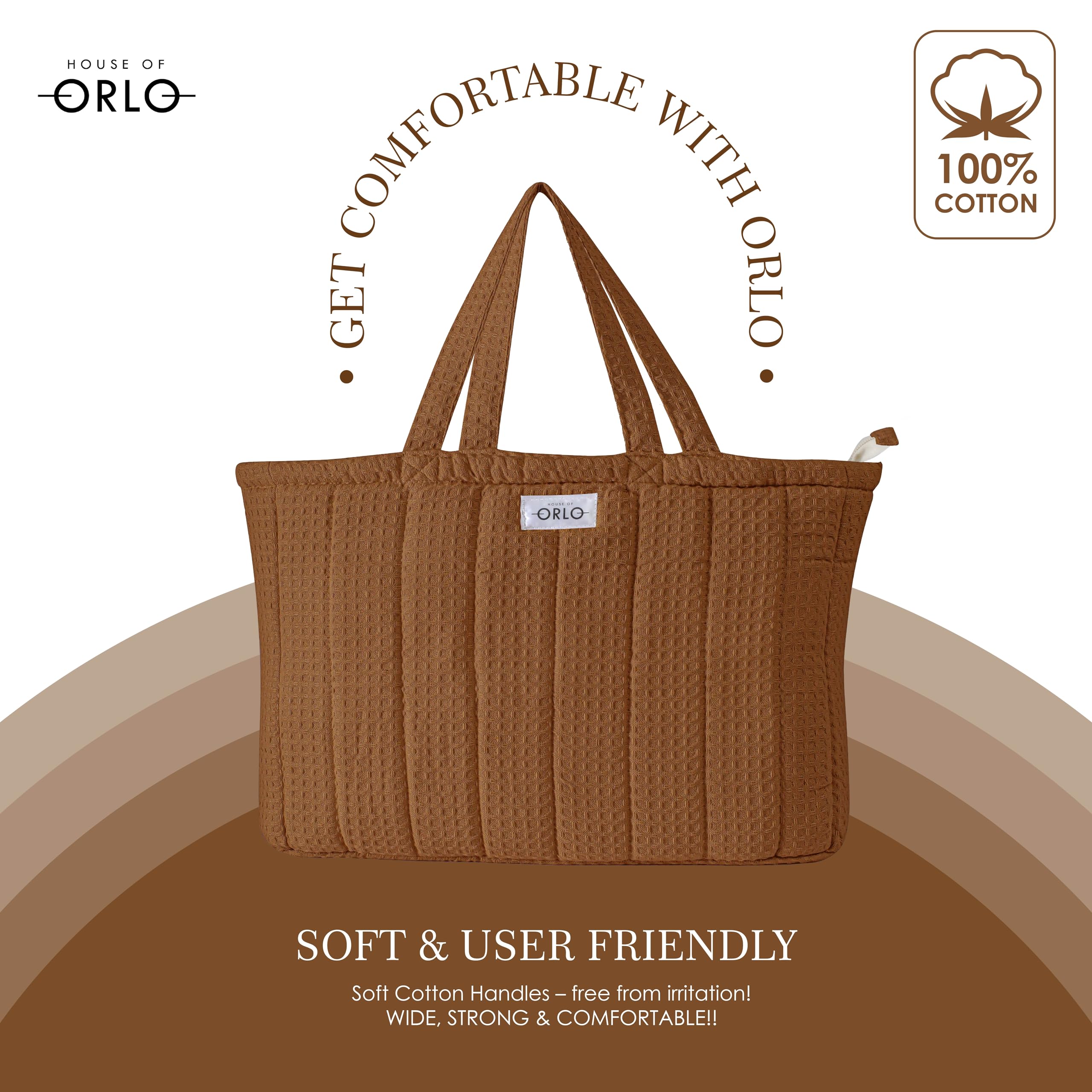 HOUSE OF ORLO Premium Cotton Waffle Quilted Tote Bag, Large Spacious Handbag for College, Office, Work, Travel, Shopping & Daily Use - Brown