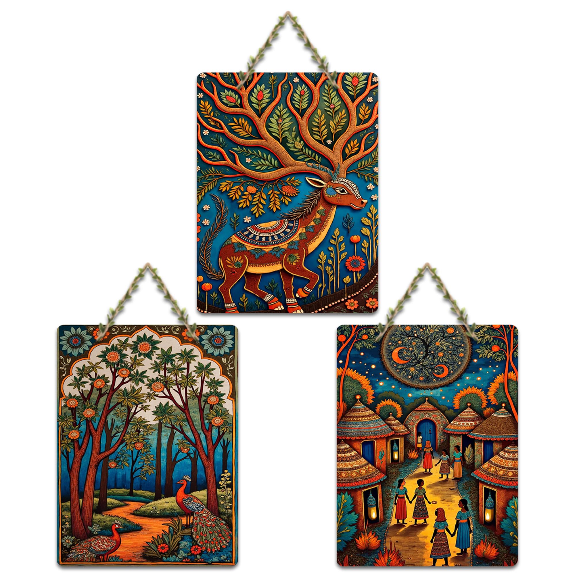 Artvibes Traditional Indian Nature Artwork Decorative MDF Wooden Wall Art for Home | Printed Wall Decoration | Graphic Artwork | Aesthetic Wooden Decor | Sceneries | Ideal Gifts (WH_96103N), Set of 3
