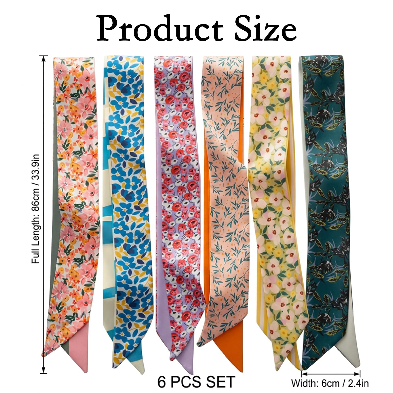6 Pack Fashion Scarves for Women, Versatile Boho Head Scarf, Satin Scarf for Hair, Neck, Wrist, and Purse Accessories