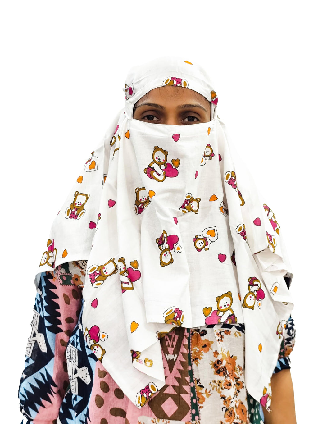 HETVIN Cotton Long Scarf Cum Mask Scarves Usable for Vehicle Driver | White Printed Design Fabric | Universal Size | Soft & Breathable Sun Protection | For Girl & Women (Tedy Bear Short Scarf)